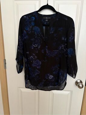Fred David Black Sheer Blouse with Blue Floral Print